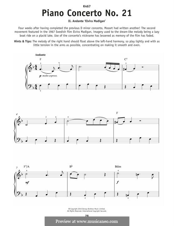 Konzert für Klavier und Orchester Nr.21 in C-Dur, K.467: Teil II (Excerpt). Version for piano by Wolfgang Amadeus Mozart