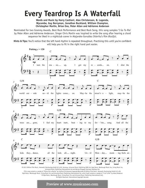 Every Teardrop is a Waterfall (Coldplay): Für Klavier by Adrienne Anderson, Brian Eno, Chris Martin, Guy Berryman, Jonny Buckland, Peter Allen, Will Champion