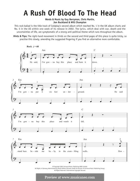 A Rush of Blood to the Head (Coldplay): Für Klavier by Chris Martin, Guy Berryman, Jonny Buckland, Will Champion