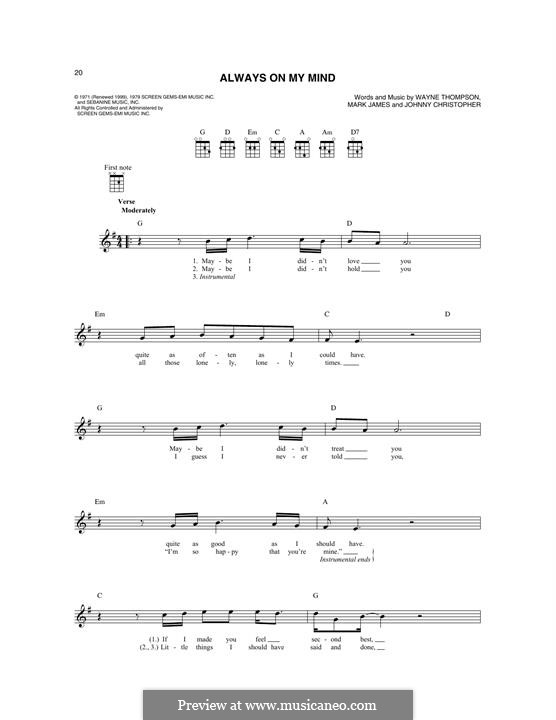 Always on My Mind: For mandolin by Johnny Christopher, Mark James, Wayne Carson Thompson