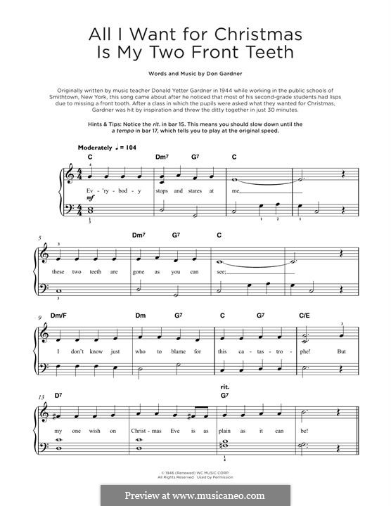 All I Want for Christmas Is My Two Front Teeth: Für Klavier by Don Gardner