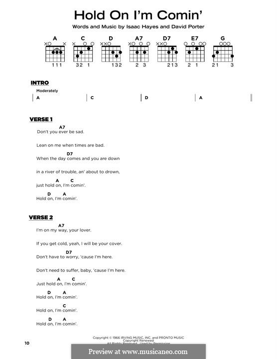 Hold on, I'm Comin': Lyrics and guitar chords by David Porter, Isaac Hayes