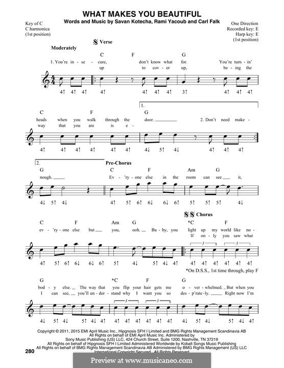 What Makes You Beautiful (One Direction): For harmonica by Carl Falk, Savan Kotecha