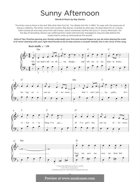 Sunny Afternoon (The Kinks): Für Klavier by Ray Davies