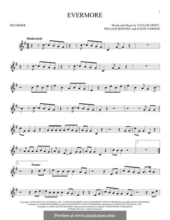 Evermore (feat. Bon Iver): Für Blockflöte by Justin Vernon, Taylor Swift, William Bowery