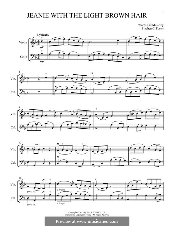 Jeanie with the Light Brown Hair: For violin and cello by Stephen Foster