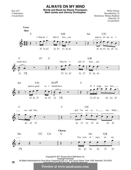 Always on My Mind: For harmonica by Johnny Christopher, Mark James, Wayne Carson Thompson