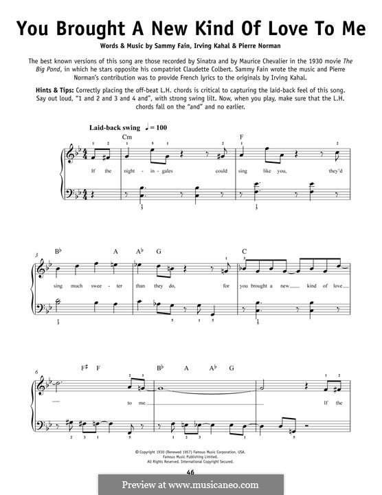 You Brought a New Kind of Love to Me (Frank Sinatra): Für Klavier by Irving Kahal, Pierre Norman Connor, Sammy Fain