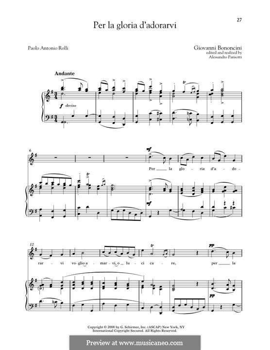 Griselda: Per la gloria d'adorarvi (Medium High Voice) by Giovanni Battista Bononcini