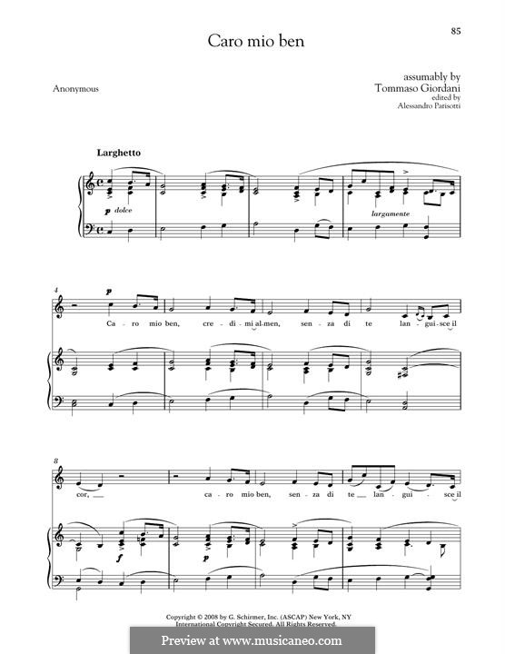 Caro mio ben (O Maiden Dear): Medium Low Voice by Tommaso Giordani