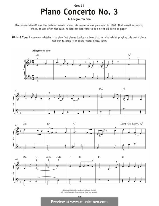 Konzert für Klavier und Orchester Nr.3, Op.37: Movement I, excerpt, for piano by Ludwig van Beethoven