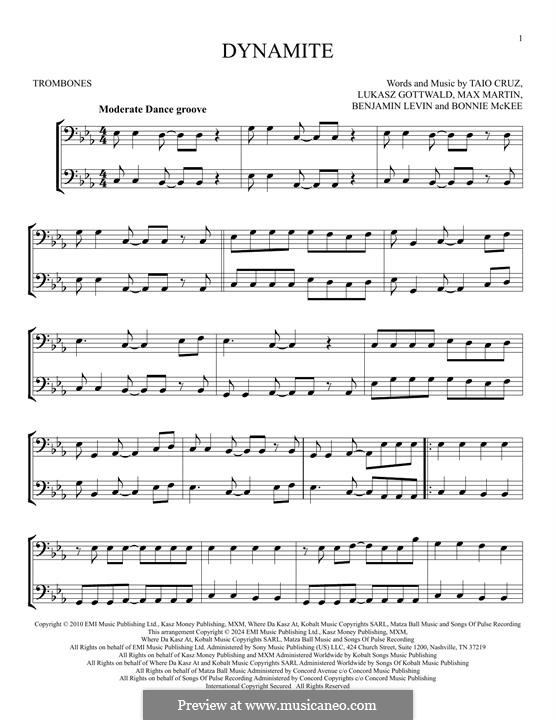 Dynamite (Taio Cruz): For two trombones by Benjamin Levin, Bonnie McKee, Lukas Gottwald, Max Martin