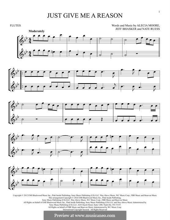 Just Give Me a Reason (Pink): Für zwei Flöten by Alecia Moore, Jeff Bhasker, Nathaniel Ruess