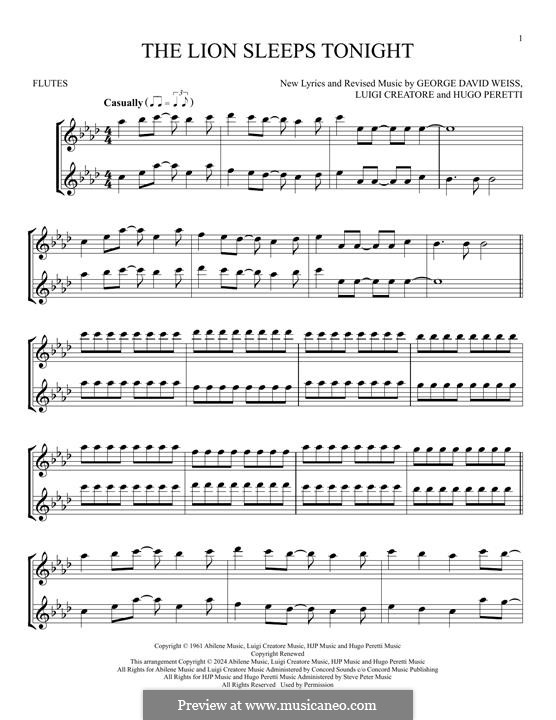 The Lion Sleeps Tonight (Wimoweh): Für zwei Flöten by George David Weiss, Hugo Peretti, Luigi Creatore