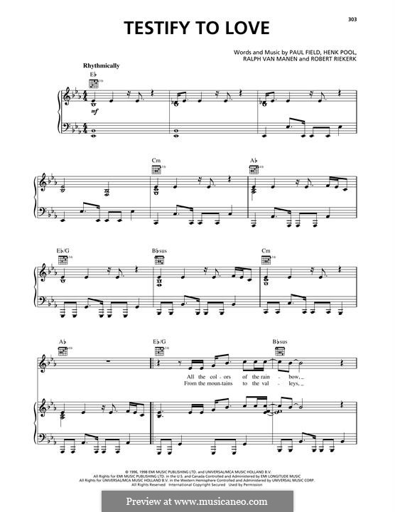 Testify to Love (Avalon): Für Stimme und Klavier (oder Gitarre) by Henk Pool, Paul Field, Ralph Van Manen, Robert Riekerk