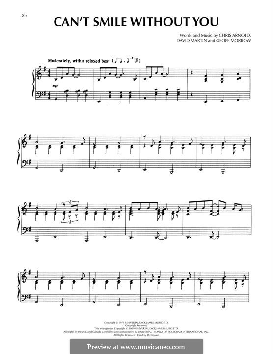 Can't Smile without You (Barry Manilow): Für Klavier by Chris Arnold, David Martin, Geoff Morrow