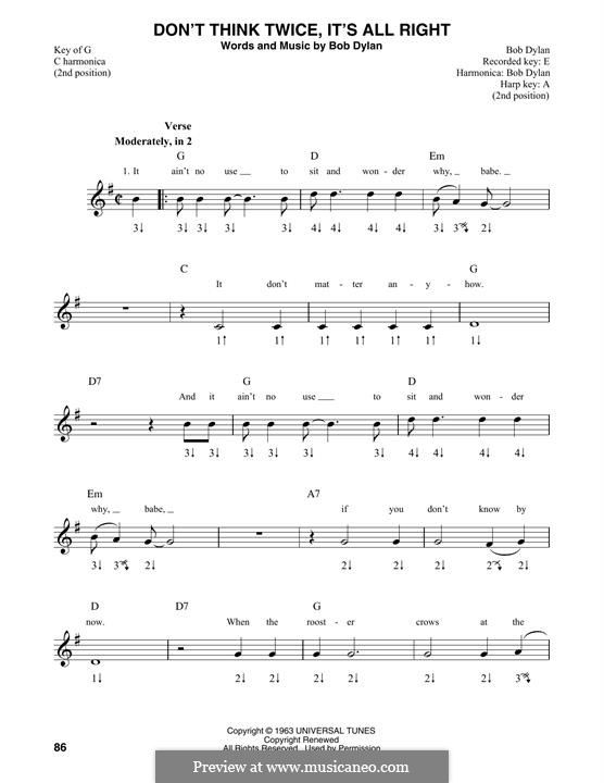Don't Think Twice, It's Alright: For harmonica by Bob Dylan