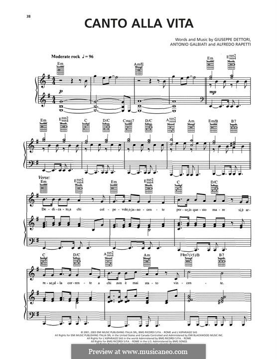 Canto alla vita (Josh Groban): Für Stimme und Klavier (oder Gitarre) by Alfredo Rapetti, Antonio Galbiati, Giuseppe Dettori