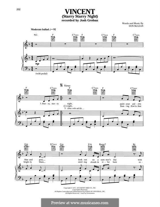 Vincent (Starry Starry Night): Für Stimme und Klavier by Don McLean