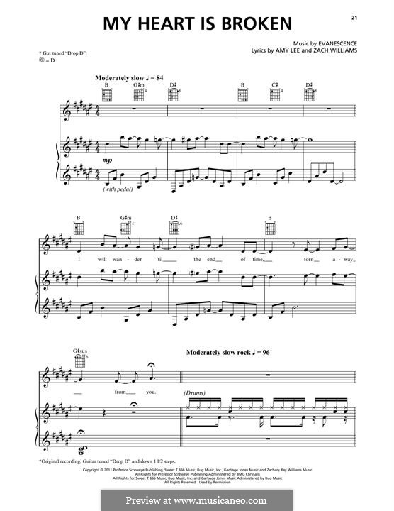 My Heart Is Broken (Evanescence): Für Stimme und Klavier (oder Gitarre) by Amy Lee, Terry Baisamo, Timothy McCord, Zach Williams