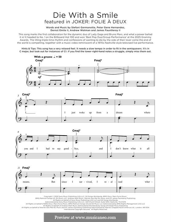 Die With A Smile (Bruno Mars & Lady Gaga): Für Klavier by Andrew Wotman