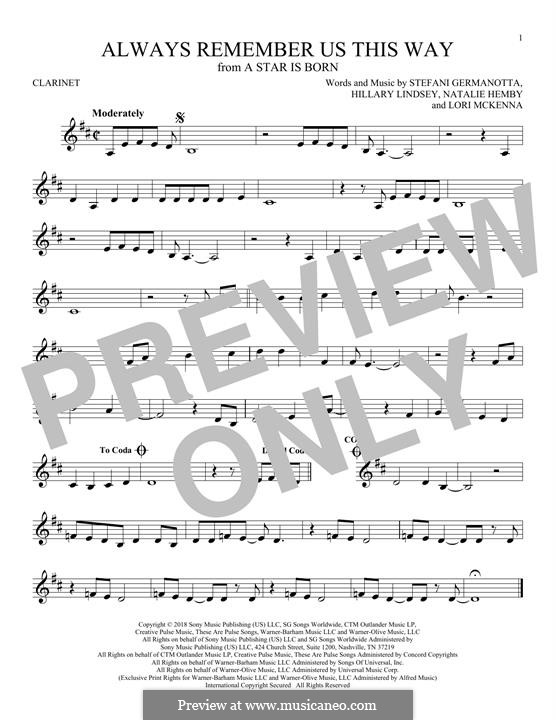 Always Remember Us This Way (from A Star is Born): Für Klarinette by Hillary Lindsey, Lori McKenna, Natalie Hemby, Stefani Germanotta