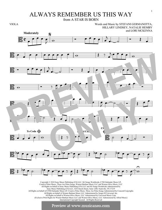 Always Remember Us This Way (from A Star is Born): For viola by Hillary Lindsey, Lori McKenna, Natalie Hemby, Stefani Germanotta