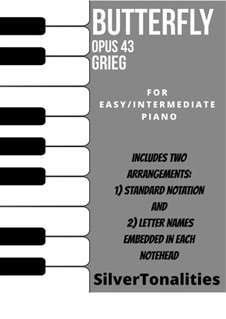 Lyrische Stücke, Op.43: No.1 Butterfly, for Easy Intermediate Piano Sheet Music Combo by Edvard Grieg