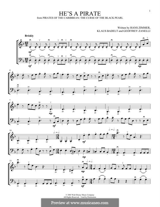 He's a Pirate (from Pirates of the Caribbean: The Curse of the Black Pearl): For violin and cello by Klaus Badelt