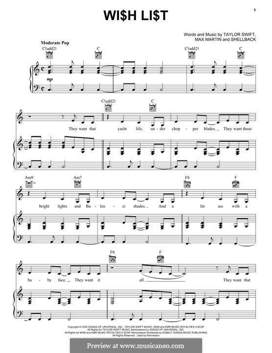 Shellback Music Wi$h Li$t (Taylor Swift) von Shellback, Max Martin - Noten auf MusicaNeo
