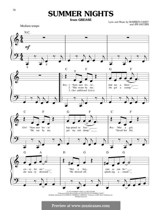 Summer Nights (from Grease): Für Klavier, leicht by Jim Jacobs, Warren Casey