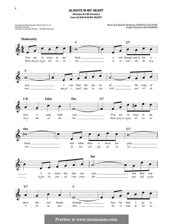 Always in My Heart (Siempre en mi Corazon): Melodische Linie by Ernesto Lecuona, Kim Gannon