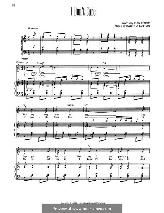I don't Care: Für Stimme und Klavier (oder Gitarre) by Harry O. Sutton