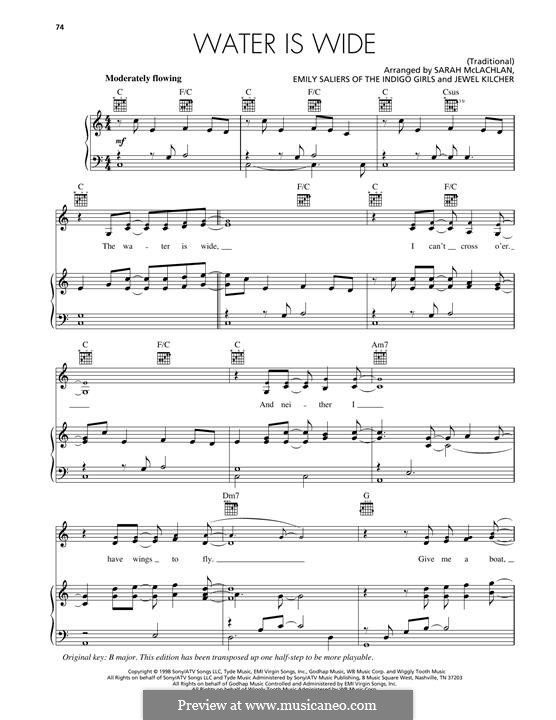 The Water is Wide (O Waly, Waly), Printable scores: Für Stimme und Klavier (oder Gitarre) by folklore