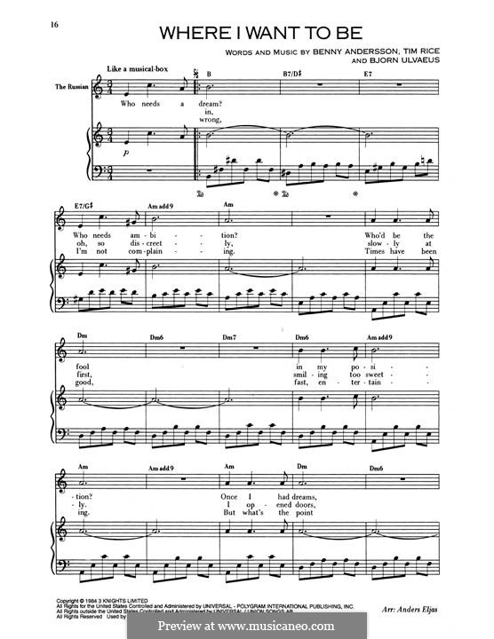 Where I Want To Be (from Chess): Für Stimme und Klavier by Benny Andersson, Björn Ulvaeus