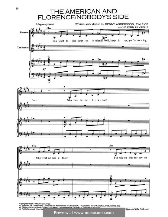The American and Florence / Nobody's Side: Für Stimme und Klavier by Benny Andersson, Björn Ulvaeus
