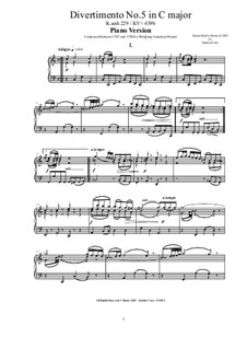 Divertimento No.5, K.229 Anh-439b: Für Klavier by Wolfgang Amadeus Mozart