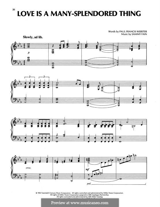 Love Is a Many-Splendored Thing (The Four Aces): Für Klavier by Sammy Fain