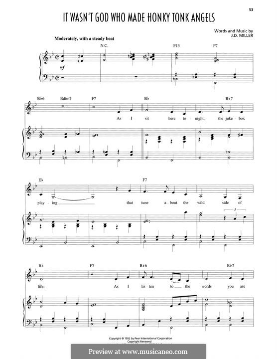 It Wasn't God Who Made Honky Tonk Angels (Patsy Cline): Für Stimme und Klavier by J. D. Miller