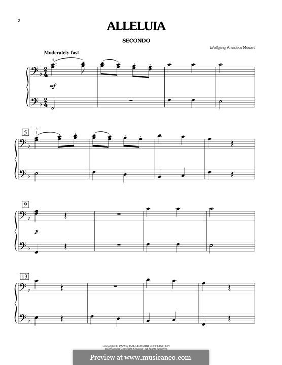 Exsultate, jubilate, K.165: Alleluia, for piano four hands by Wolfgang Amadeus Mozart