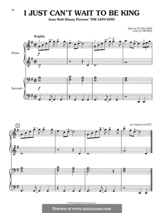 I Just Can't Wait To Be King (from The Lion King): Für Klavier, vierhändig by Elton John