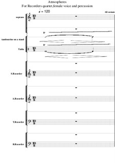 Atmospheres for recorder quartet, soprano and percussion: Atmospheres for recorder quartet, soprano and percussion by Ali Osman