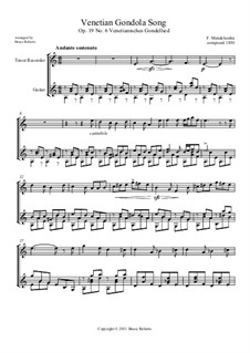 Lieder ohne Worte, Op.19b: Nr.6 Venezianisches Gondellied, für Blockflöte und Gitarre by Felix Mendelssohn-Bartholdy