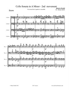 Sonata for Cello No.3 in A Minor, RV 43: Movement II Allegro, for mixed-level cello quartet (four cellos) or cello ensemble by Antonio Vivaldi