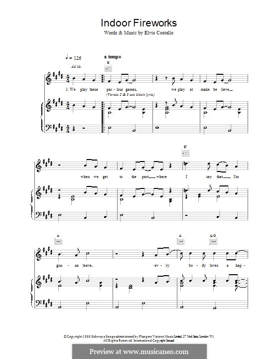 Indoor Fireworks: Für Stimme und Klavier (oder Gitarre) by Elvis Costello