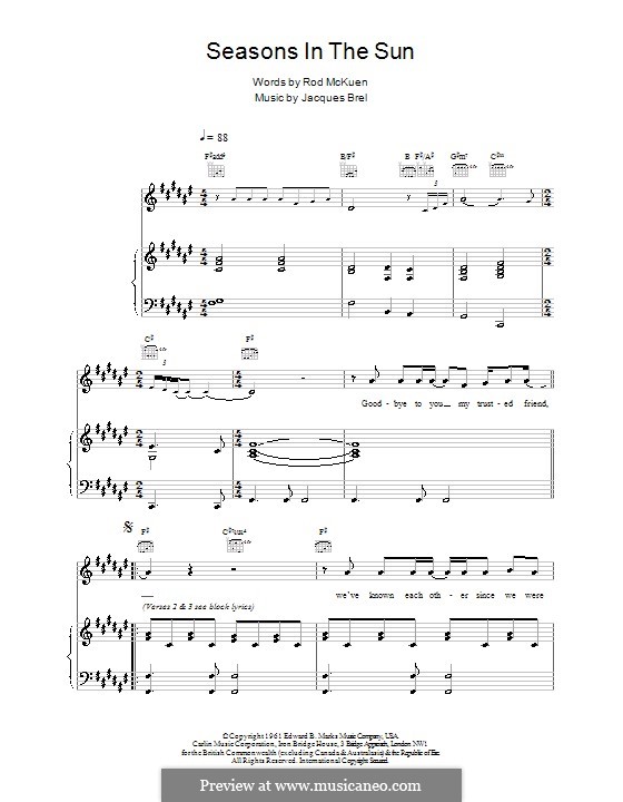 Seasons in the Sun (Westlife): Für Stimme und Klavier (oder Gitarre) by Jacques Brel