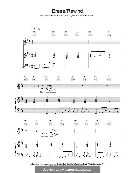 Erase / Rewind (The Cardigans): Für Stimme und Klavier (oder Gitarre) by Nina Persson, Peter Svensson