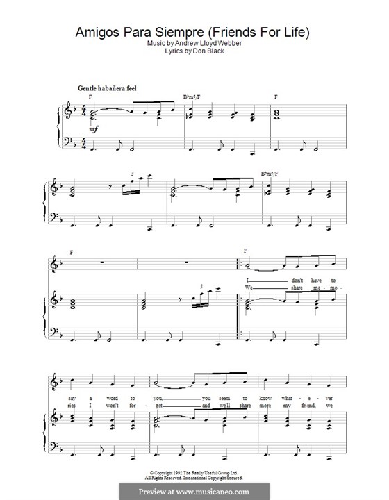 Amigos Para Siempre (Friends for Life): Für Stimme und Klavier (oder Gitarre) by Andrew Lloyd Webber