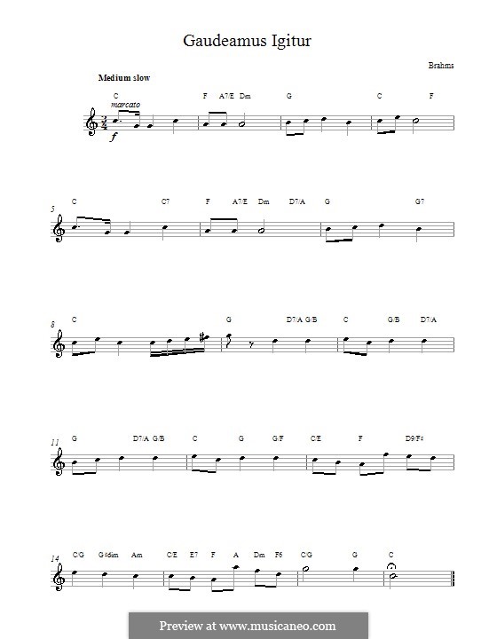 Gaudeamus Igitur: Melodie, Text und Akkorde by Johannes Brahms