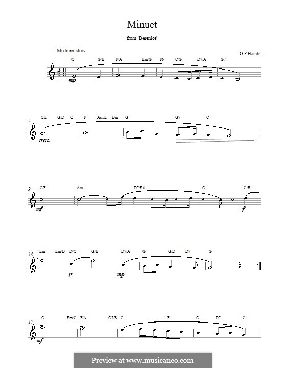 Berenice, Königin von Ägypten, HWV 38: Minuet. Melody line and chords by Georg Friedrich Händel